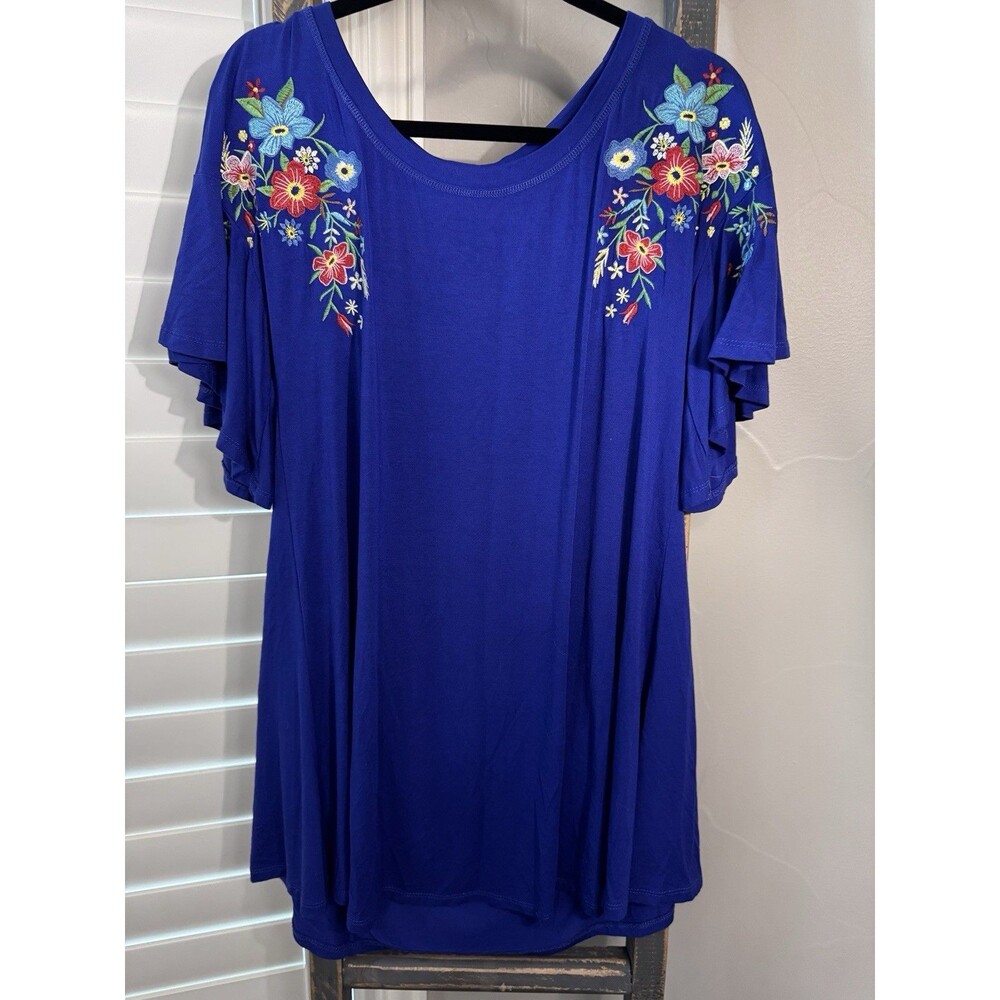 Umgee Womens Blue Embroidered Bodice Bell Sleeves Boho Mini Medium Dress